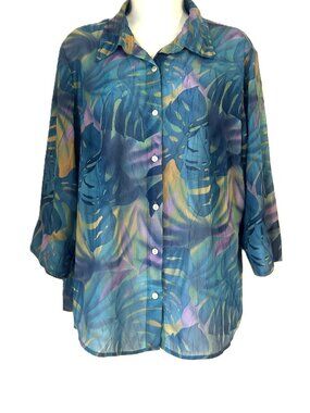 Lemon Grass Studio Blouse Womens Large L Blue Purple Tropical Palm Leaf Top